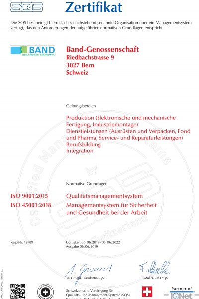 Band Genossenschaft Zertifikat SQS </br> ISO 9001:2015 </br>  ISO 45001:2018